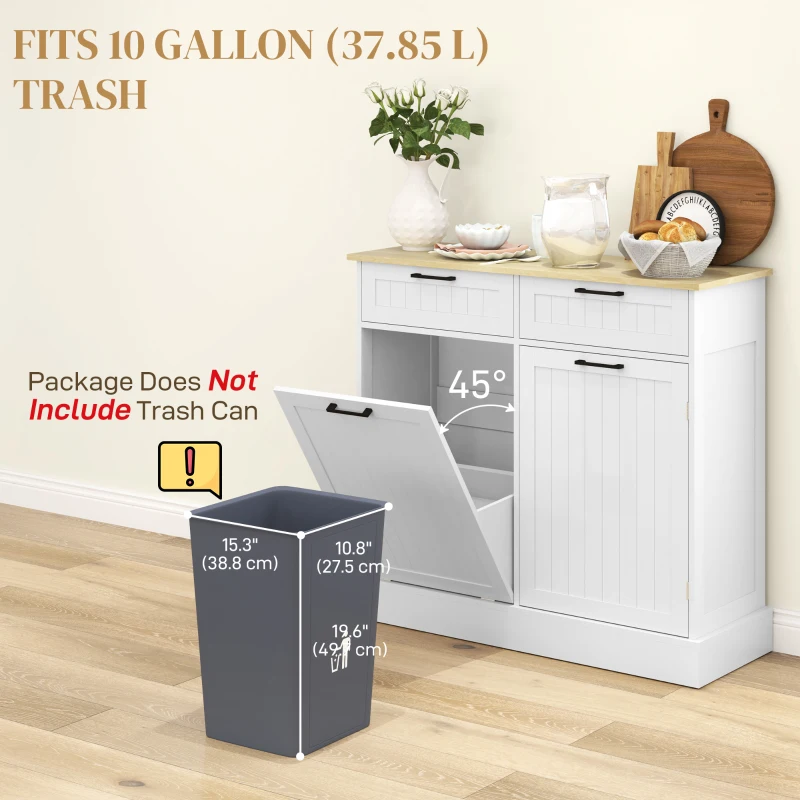 HOMCOM Hidden Garbage Bin Cabinet, Tilt Out Trash Cabinet w/ 2 Drawers, Freestanding Kitchen Island for Laundry, White