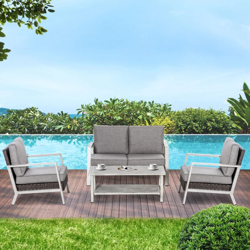 Outsunny Aluminum Patio Furniture Set, 5 Piece Modern Outdoor Conversation Set with Loveseat Sofa, Chairs, Cushions, Coffee Table & Side Table, Gray