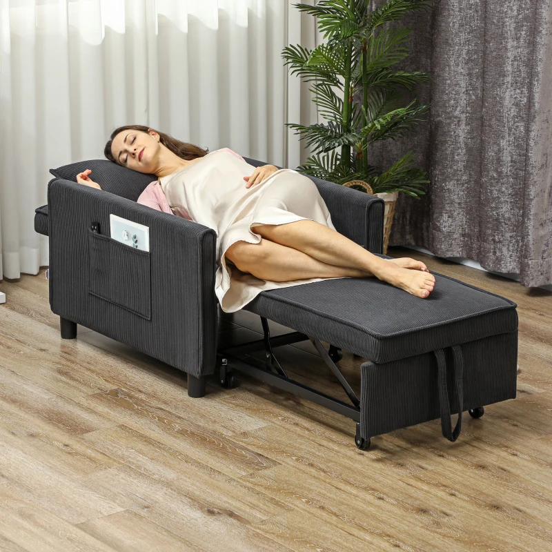 HOMCOM 3-in-1 Convertible Chair Bed, Pull Out Sofa Bed Sleeper Chair with Adjustable Backrest, Pillow, and Pockets, Dark Gray