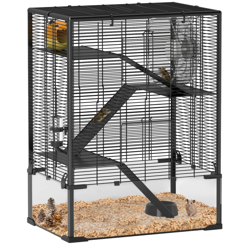 PawHut 4 Tier Hamster Cage with Deep Tempered Glass Bottom, Running Wheel, Hut, Water Bottle, Food Dish, 24" x 16" x 31.5"