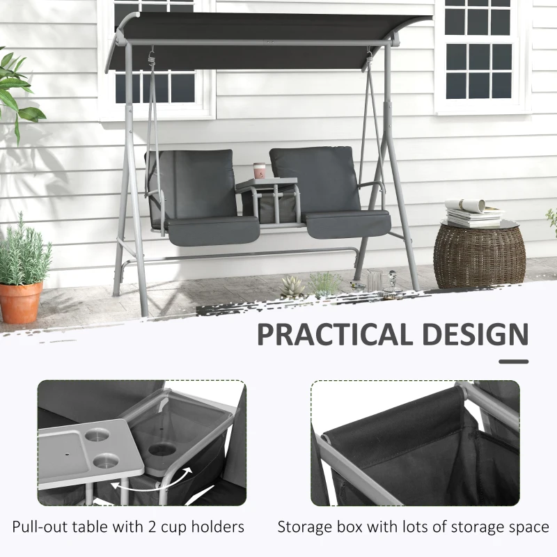 Outsunny 2-Seater Outdoor Porch Swing with Canopy and Table, Patio Swing Chair for Garden, Poolside, Backyard, Gray