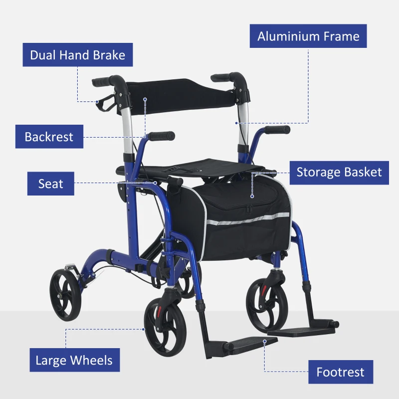HOMCOM Rollator Walker with Seat, Folding Rolling Walker with 8" Wheels, Walker for Seniors with Adjustable Height, Blue