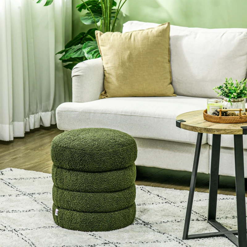 HOMCOM Round Ottoman, Upholstered Foot Stool, Teddy Fleece Fabric for Living Room, Entryway, Green