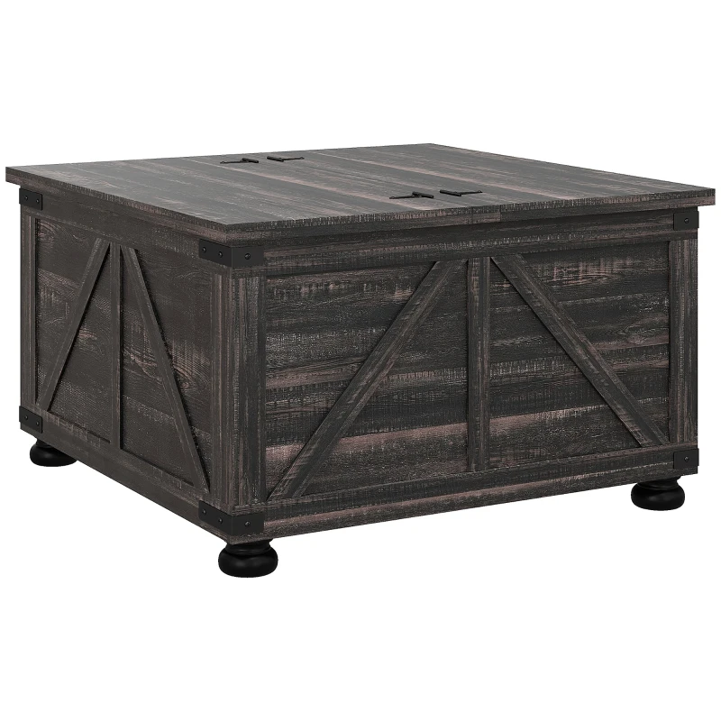 HOMCOM Farmhouse Coffee Table, Square Center Table with Flip-top Lids, Hidden Storage Compartment and Wooden Legs, Distressed Brown