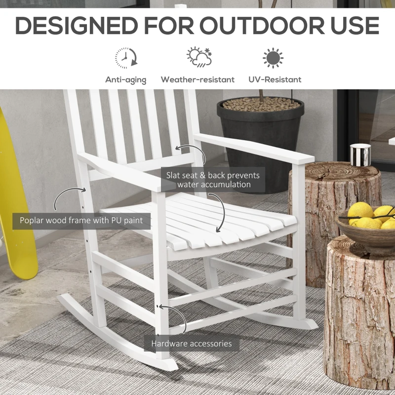 Outsunny Wooden Patio Rocking Chairs Set of 2, Outdoor Rocker Chairs with Wide Armrests, High Back for Garden, Balcony, White