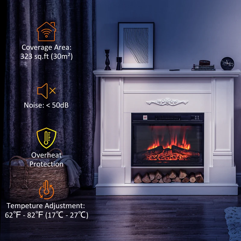 HOMCOM 46" Electric Fireplace with Mantel and Shelf, 1400W Fireplace Heater with Realistic Log and Flame Effect, White