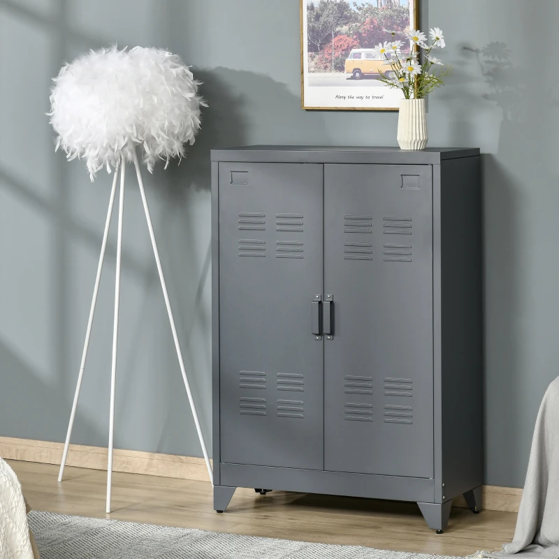 HOMCOM Metal Storage Cabinet, Industrial Sideboard Buffet Cabinet with 2 Louvered Doors, Adjustable Shelves, Grey