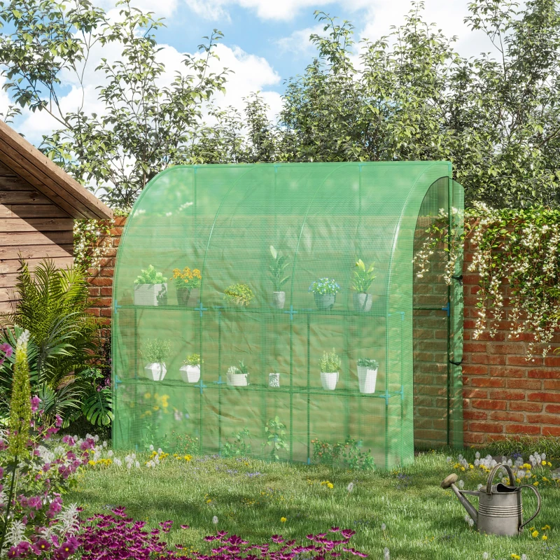 Outsunny 7' x 4' x 7' Outdoor Lean-to Walk-in Garden Greenhouse with Roll-Up Door Hot House for Plants Herbs Vegetables, Green