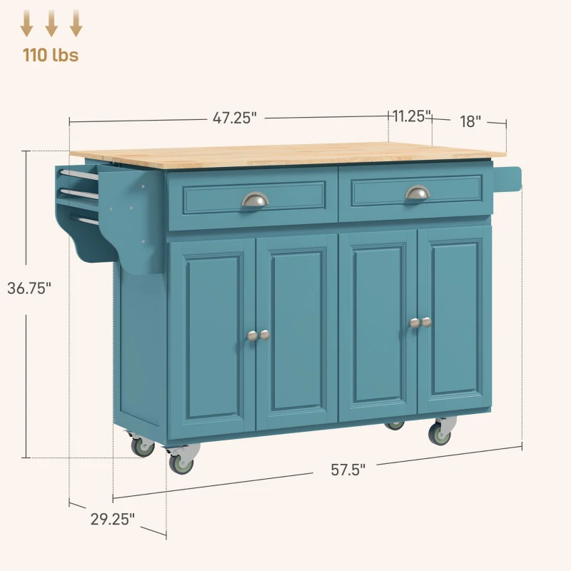 HOMCOM Rolling Kitchen Island Cart with Drop Leaf, Kitchen Cart on Wheels with Wood Top, 2 Drawers and 2 Storage Cabinets, Island Table for Kitchen, Dining Room, Light Blue