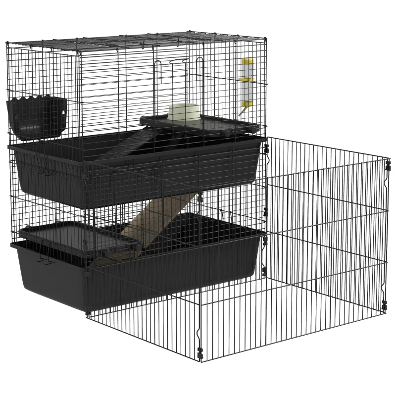 PawHut Small Animal Cage with Playpen, Multi-level Pet Habitat Indoor for Guinea Pigs Hedgehogs Bunnies with Accessories, Water Bottle, Food Dish, Feeding Trough