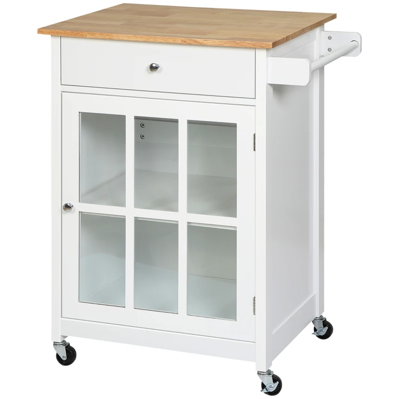 HOMCOM Rolling Kitchen Cart with Drawer and Glass Door Cabinet, Kitchen Island on Wheels with Towel Rack, White