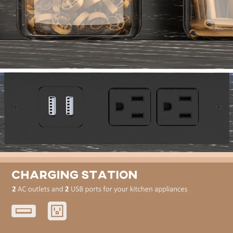 HOMCOM Industrial Kitchen Bakers Rack with Charging Station, RGB Lights, Glass Holders and Open Shelves, Gray