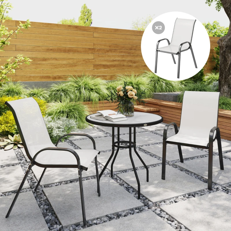 Outsunny Set of 2 Outdoor Dining Chairs, Stackable Lawn Chairs with High Back, Breathable Mesh Seat for Garden Porch, Light Grey