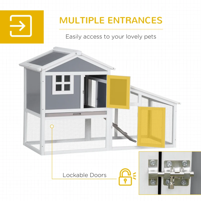 PawHut 59" Wooden Rabbit Hutch, 2 Tier Pet Playpen Bunny House Enclosure with Sunlight Panel Roof, Slide-out Tray, and Ramp, for Rabbits and Small Animals, Grey
