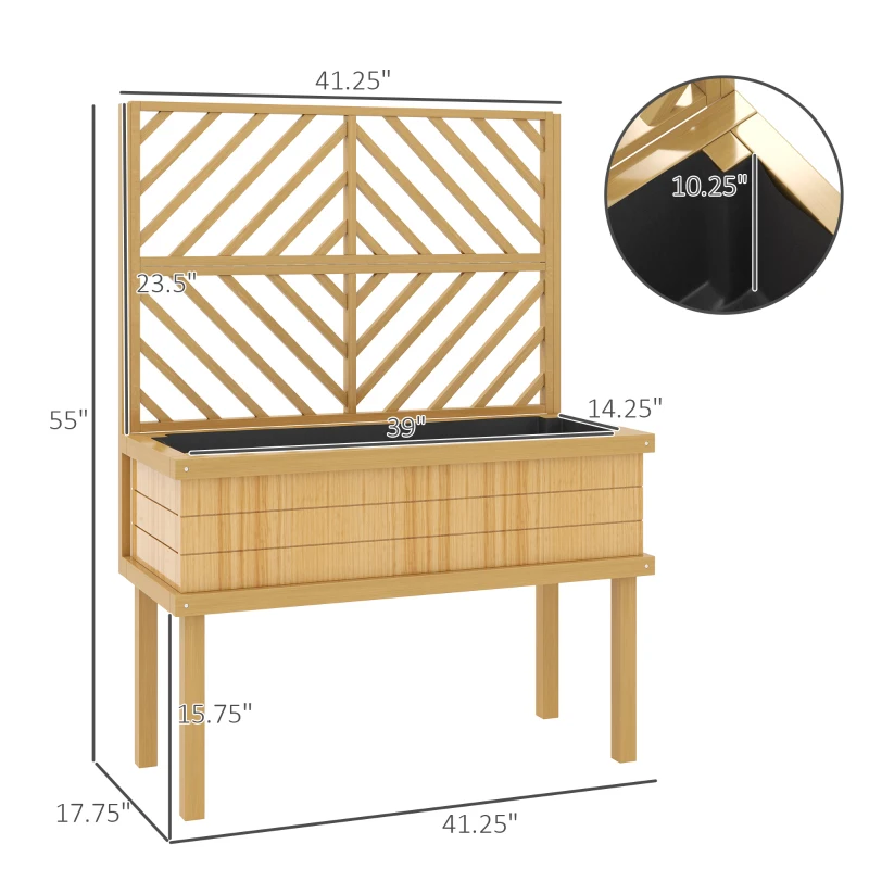 Outsunny Elevated Wood Planter with Trellis for Climbing Plants, Raised Garden Bed with Legs and Drainage Holes, Natural Wood