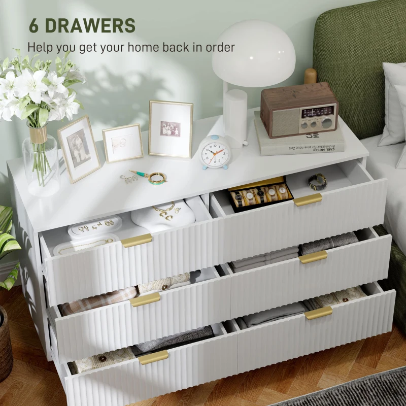 HOMCOM Modern Chest of Drawers 6 Drawer Dresser for Bedroom with Gold Legs and Handles, White
