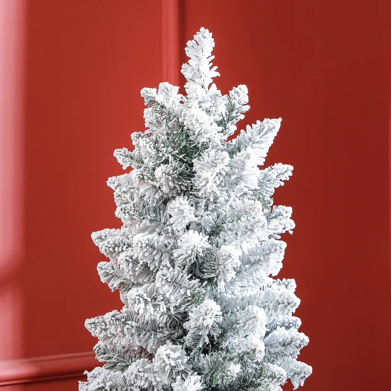 HOMCOM 5ft Artificial Prelit Christmas Tree with Warm White LED Light, Snow Flocked Branches, Metal Base, Pencil Xmas Tree
