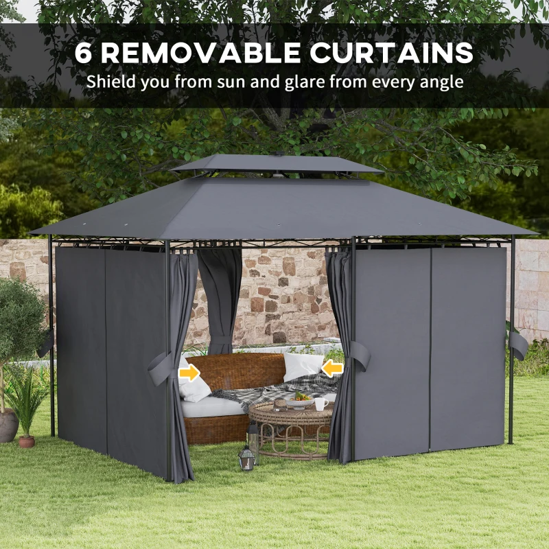 Outsunny 10' x 13' Outdoor Gazebo with Curtains and Solar-Powered LED Lights, Double Roof Patio Gazebo Canopy Shelter