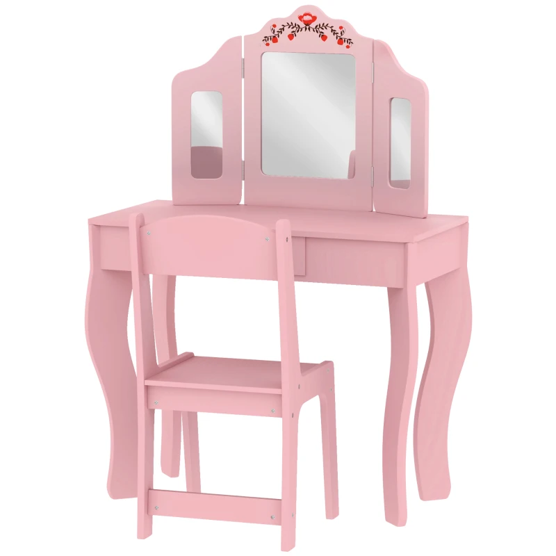 Qaba Kids Vanity Set, Dual-Use Dressing Table with Removable Tri-Folding Mirror and Drawer, for Ages 3-8, Pink