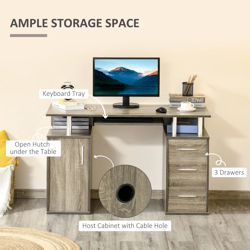 HOMCOM 47" Computer Desk with Keyboard Tray and Storage Drawers, Home Office Workstation Table with Storage Shelves, Grey Wood Grain