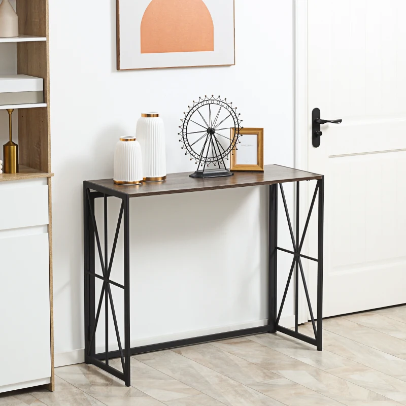 HOMCOM Folding Console Table, Industrial Sofa Table, Narrow Farmhouse Table with Metal Frame for Living Room, Entryway, Foyer, Brown