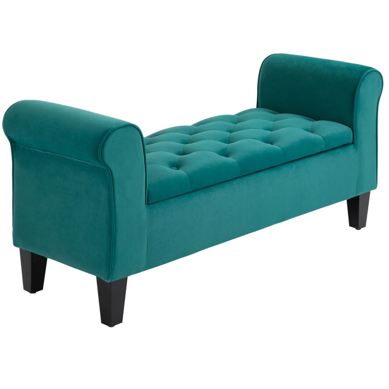 HOMCOM Button-Tufted Storage Ottoman Bench, Upholstered Bench with Rolled Armrests for Living Room or Hallway, Green