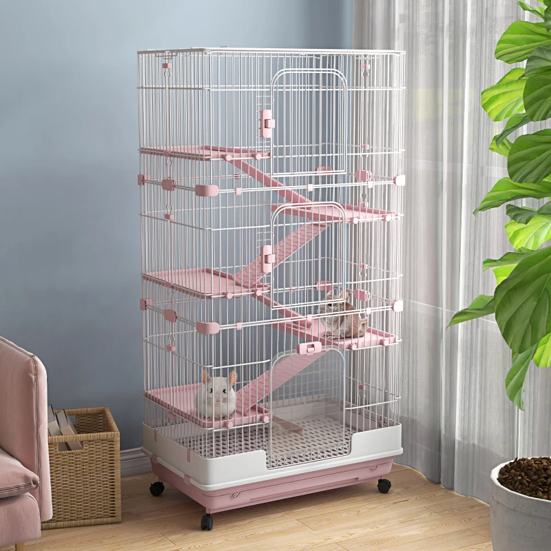 PawHut 32"L 6-Level Small Animal Cage with Universal Lockable Wheels, Pink