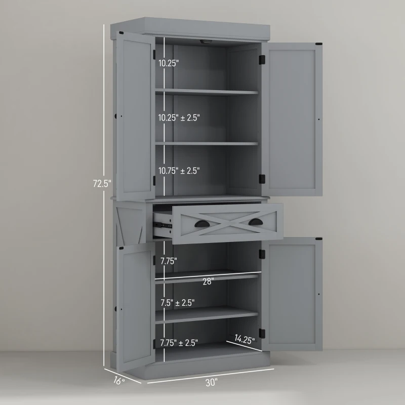 HOMCOM 72" Kitchen Cabinet, Pantry Storage Cabinet with 4 Doors and 2 Adjustable Shelves, Large Central Drawer, Gray