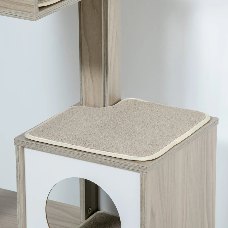 PawHut Cat Litter Box Enclosure Furniture with Cat Tree, Hidden Litter Box with Scratching Post, Bed, Modern Cat House Indoor, Gray