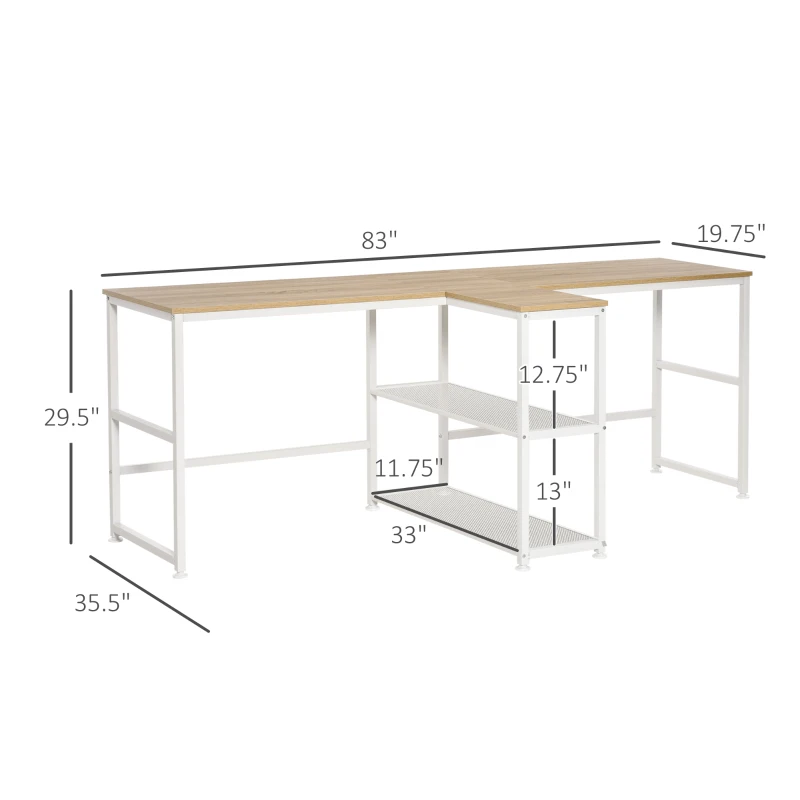 HOMCOM 83" Two Person Computer Desk with 2 Storage Shelves, Double Desk Workstation with Book Shelf,  Long Desk Table for Home Office, Natural