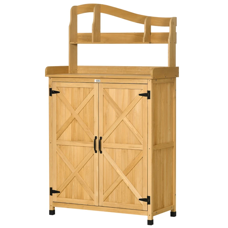 Outsunny Outdoor Storage Cabinet & Potting Table, Wooden Gardening Bench with Patio Cabinet and Magnetic Doors, Yellow