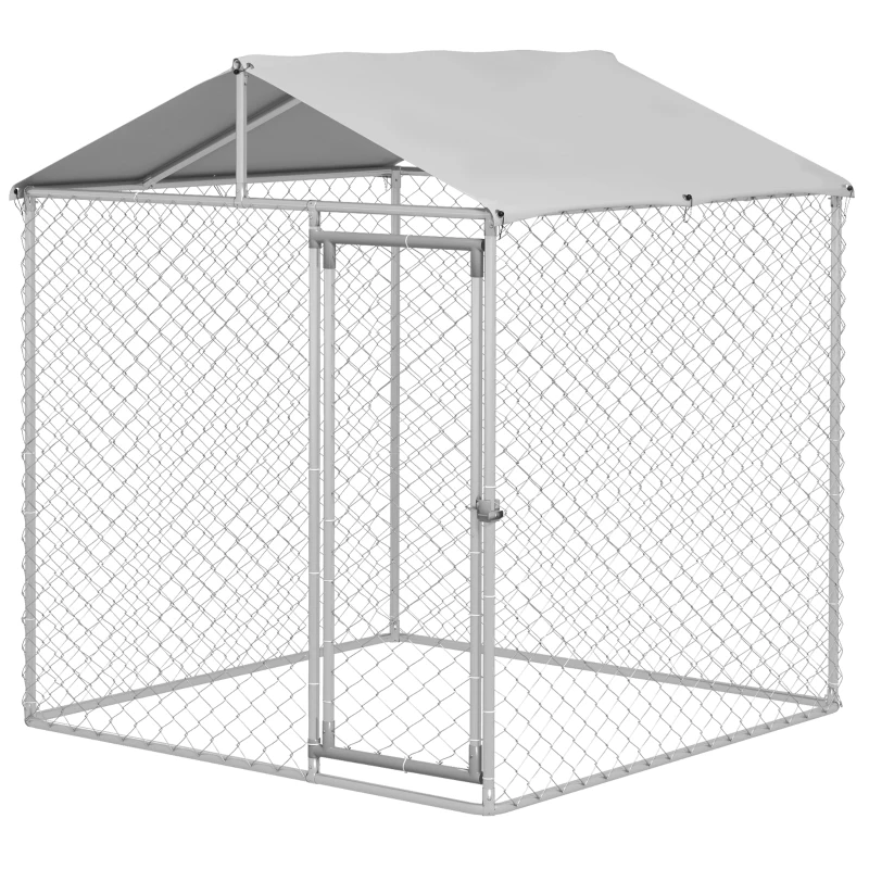 PawHut 6.6' x 6.6' x 7.8' Outdoor Dog Kennel Heavy Duty Galvanized Steel Chain Link with UV-resistant Roof, Silver