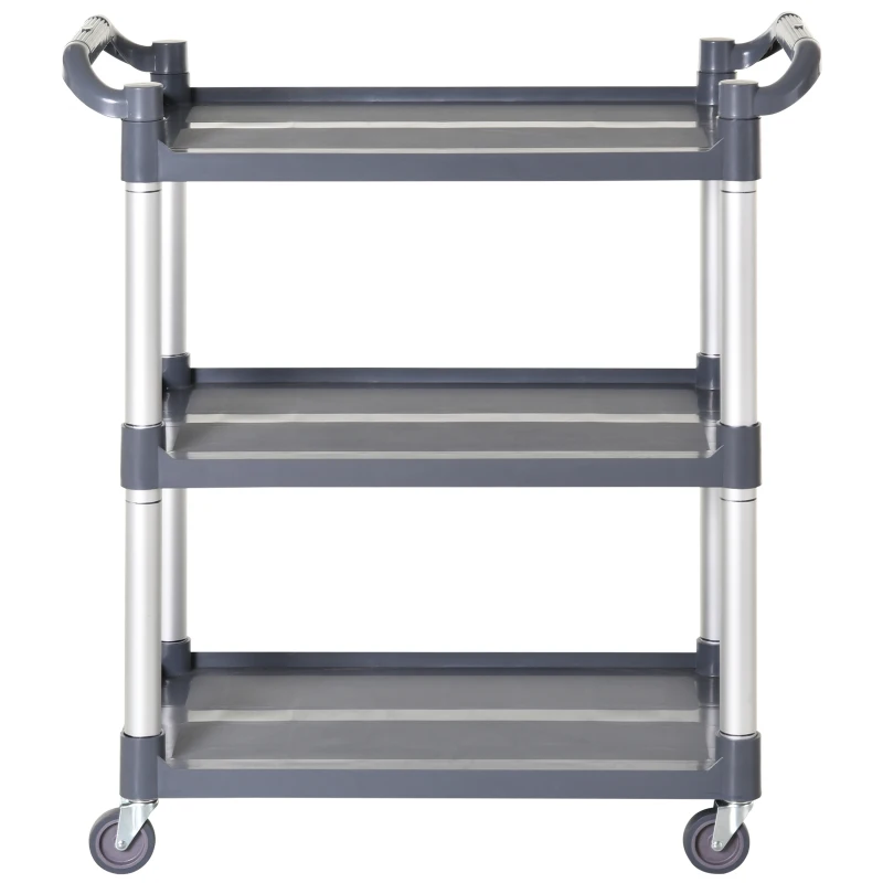 HOMCOM 3-Tier Utility Cart Large Rolling Storage Trolley with 3 Shelves Metal Clean Service Cart, Restaurant, Hotel, Livingroom, Silver and Grey