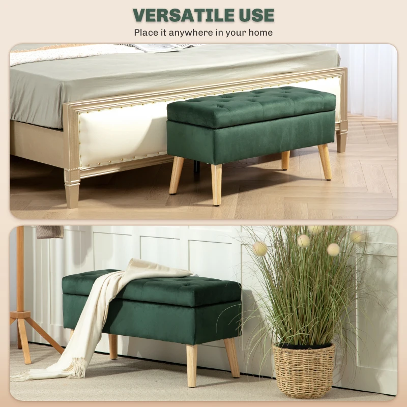 HOMCOM Storage Ottoman with Lid, Velvet Upholstered Storage Bench with Wood Legs for Living Room, Dark Green
