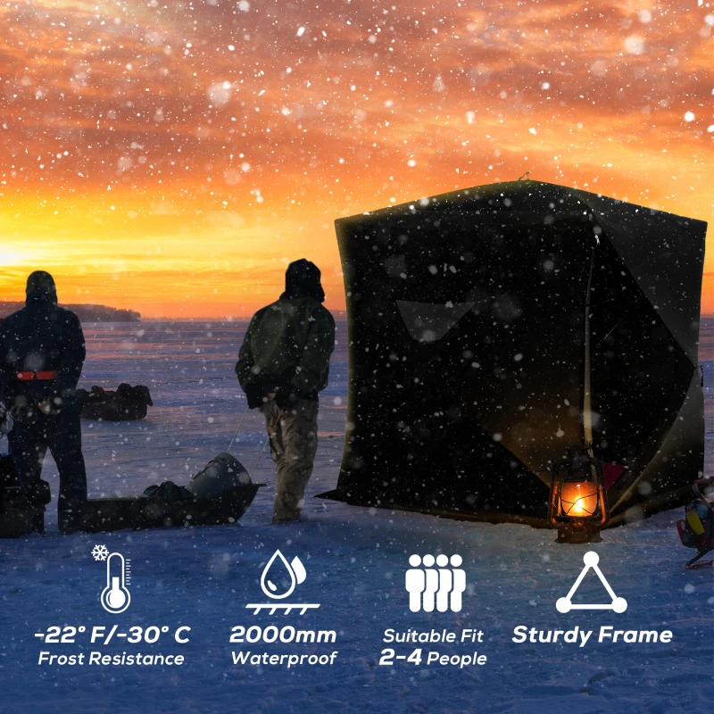 Outsunny 2-4 Person Pop-up Ice Fishing Tent Portable Ice Fishing Shelter with Windproof Windows and Carrying Bag Hub Fish Shelter, Black