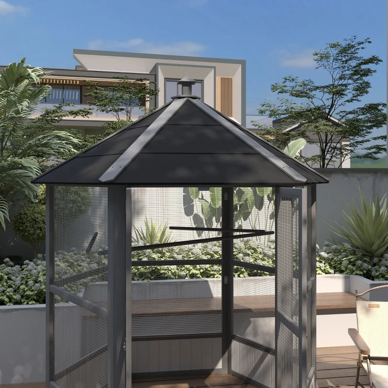 PawHut 69" Wooden Hexagonal Outdoor Aviary Flight Bird Cage With Covered Roof, Light Gray(m-7)