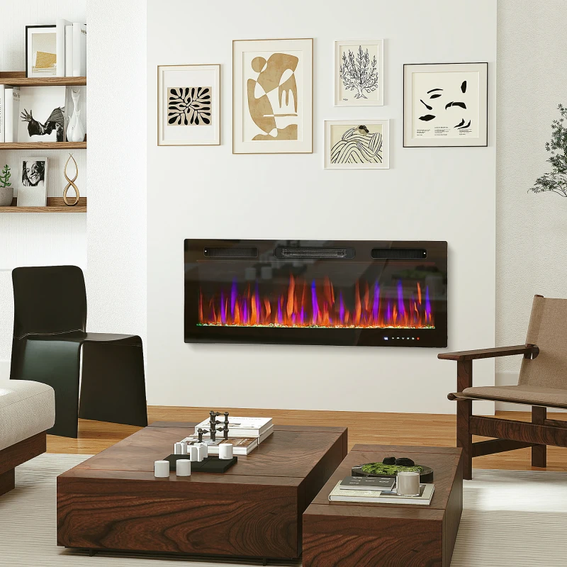 HOMCOM 42" Electric Fireplace Recessed and Wall Mounted, Freestanding, 1500W Ultra-thin with Adjustable Flame, Crystal, Black
