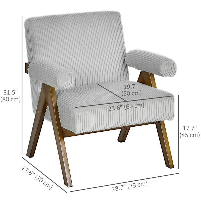 HOMCOM Corduroy Accent Chair Armchair with Wide Seat and Soft Padded Armrests for Reading, Bedroom, Light Grey