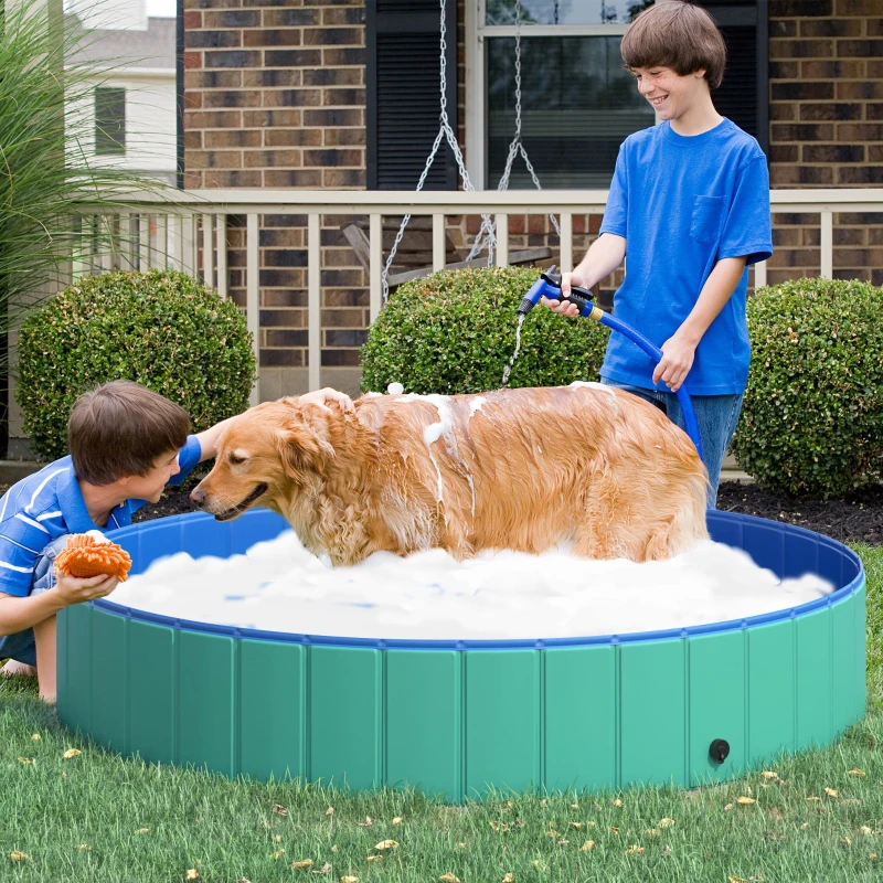 PawHut Foldable Pet Swimming Pool, Portable Dog Bathing Tub, 12" x 63" Plastic Large Dog Pool for Outdoor Dogs and Cats, Green