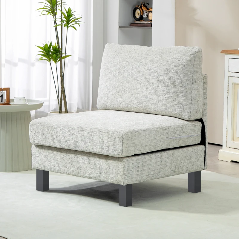 HOMCOM Middle Module for Modular Sectional Sofa, Upholstered Armless Chair with Wood Legs and Pocket Spring, Cream White