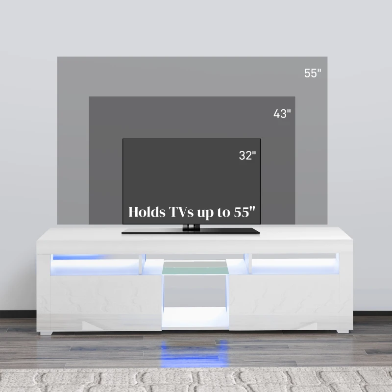 HOMCOM Modern TV Stand with Storage and LED Lights for TVs up to 55", TV Cabinet with Open Compartments, High Gloss White