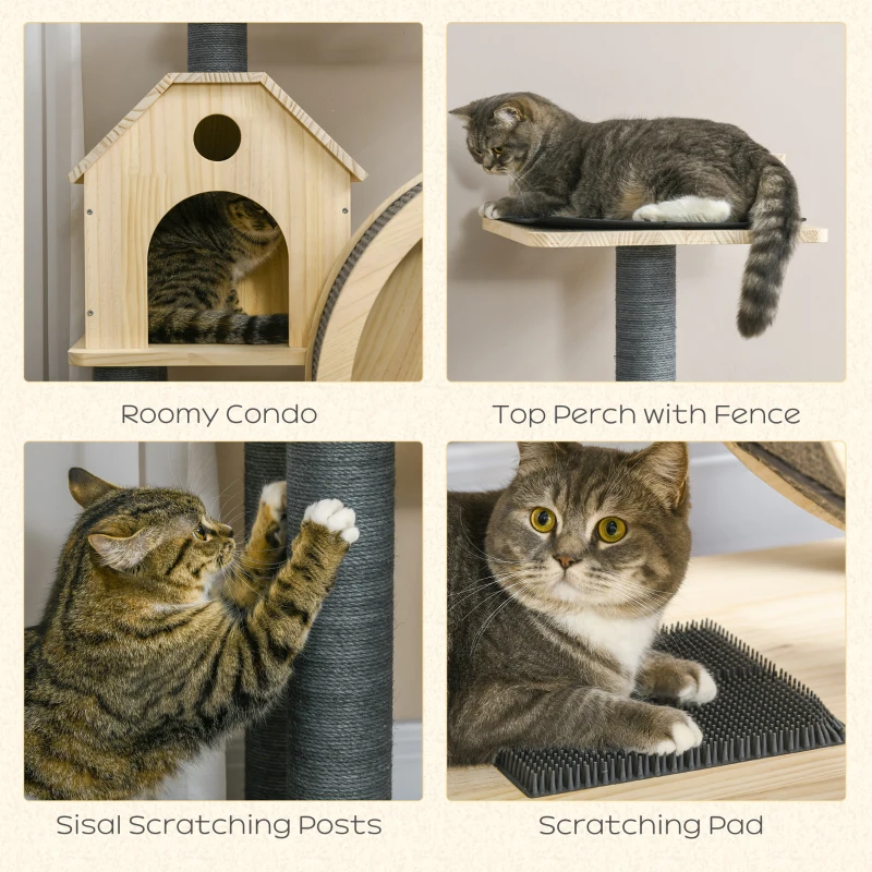 PawHut 56" Cat Tree Activity Condo Luxury Pine Wood  with Hamster-Wheel, Sisal Scratching Posts, Elevated Perches, & Roomy Interior