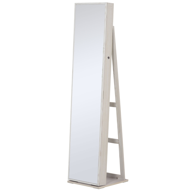 HOMCOM Mirror Jewellery Cabinet Armoire, Lockable Jewellery Organizer with Full-Length Mirror, LED Lights, Standing Jewellery Armoire in White Wood
