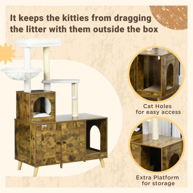 PawHut Cat Tree with Litter Box Enclosure,  2-in-1 Cat Tower Litter Box Furniture Indoor, Cat Condo with Hammock, Scratching Posts Pad, Rustic Brown