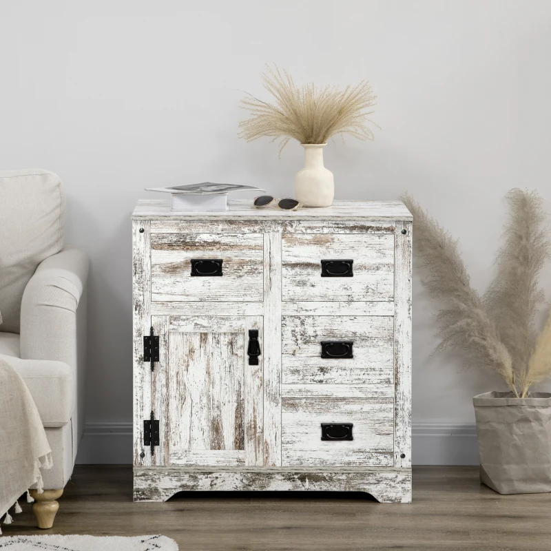 HOMCOM Industrial Sideboard Buffet Cabinet, Kitchen Cabinet with 4 Drawers, 1 Door, Adjustable Shelf Coffee Bar Cabinet, Distressed White