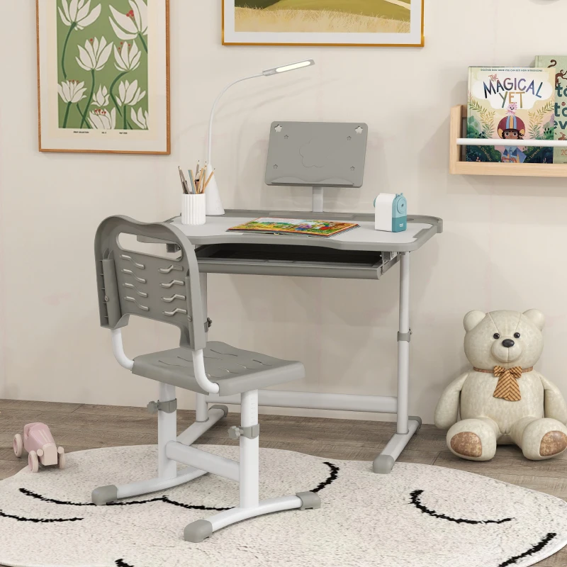 Qaba Kids Desk and Chair Set Height Adjustable Student Writing Desk Children School Study Table with Tilt Desktop, Grey