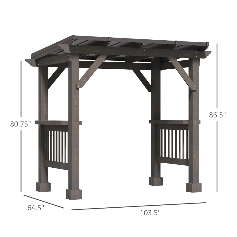 Outsunny 8' x 5' BBQ Grill Gazebo with 2 Side Shelves, Outdoor Hardtop Barbecue Barrier with Slanted Steel roof, Solid Wood Frame