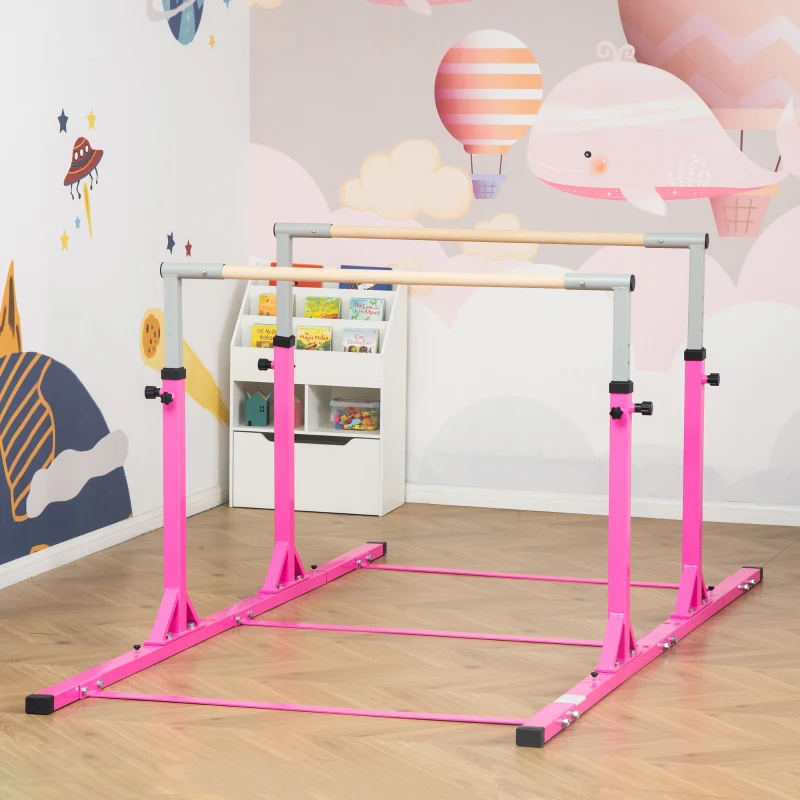 Qaba Double Horizontal Bars, Junior Gymnastic Training Parallel Bars with Double-locking System 13-level 36"-59" Adjustable Heights, 6-level Adjustable Width for Indoor Outdoor, Pink