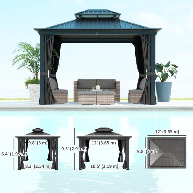 Outsunny 10' x 12' Outdoor Hardtop Gazebo with Galvanized Steel Canopy & Netting Sidewalls for Lawn, Backyard, Dark Grey