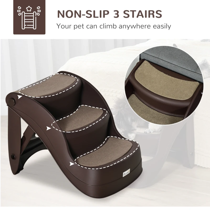 PawHut Portable Pet Stairs Foldable Steps for Small Dogs and Cats 3-Step with Non-slip Treads for Beds Sofas, Brown
